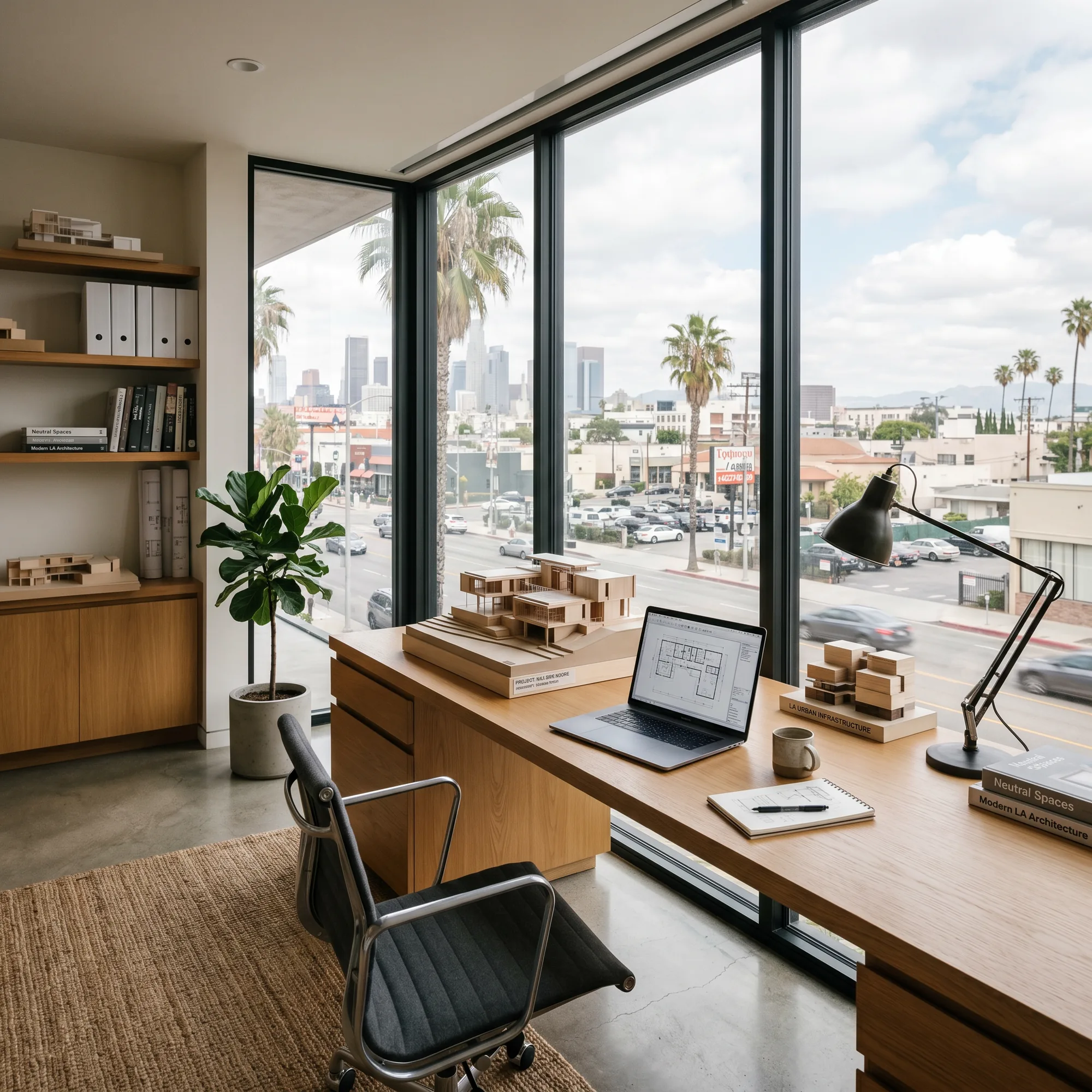 Minimal modern office interior with a large drafting desk, architectural models, a fiddle-leaf fig, and a floor-to-ceiling window looking onto a Los Angeles streetscape.