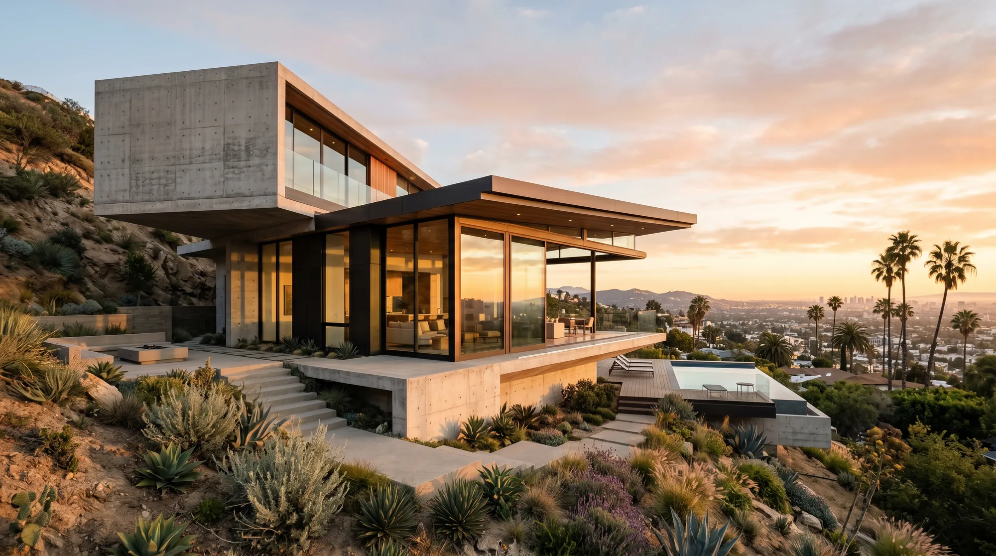 A cantilevered modern Southern California residence with concrete volumes, wood soffit, and floor-to-ceiling glass, overlooking the Los Angeles basin at golden hour.