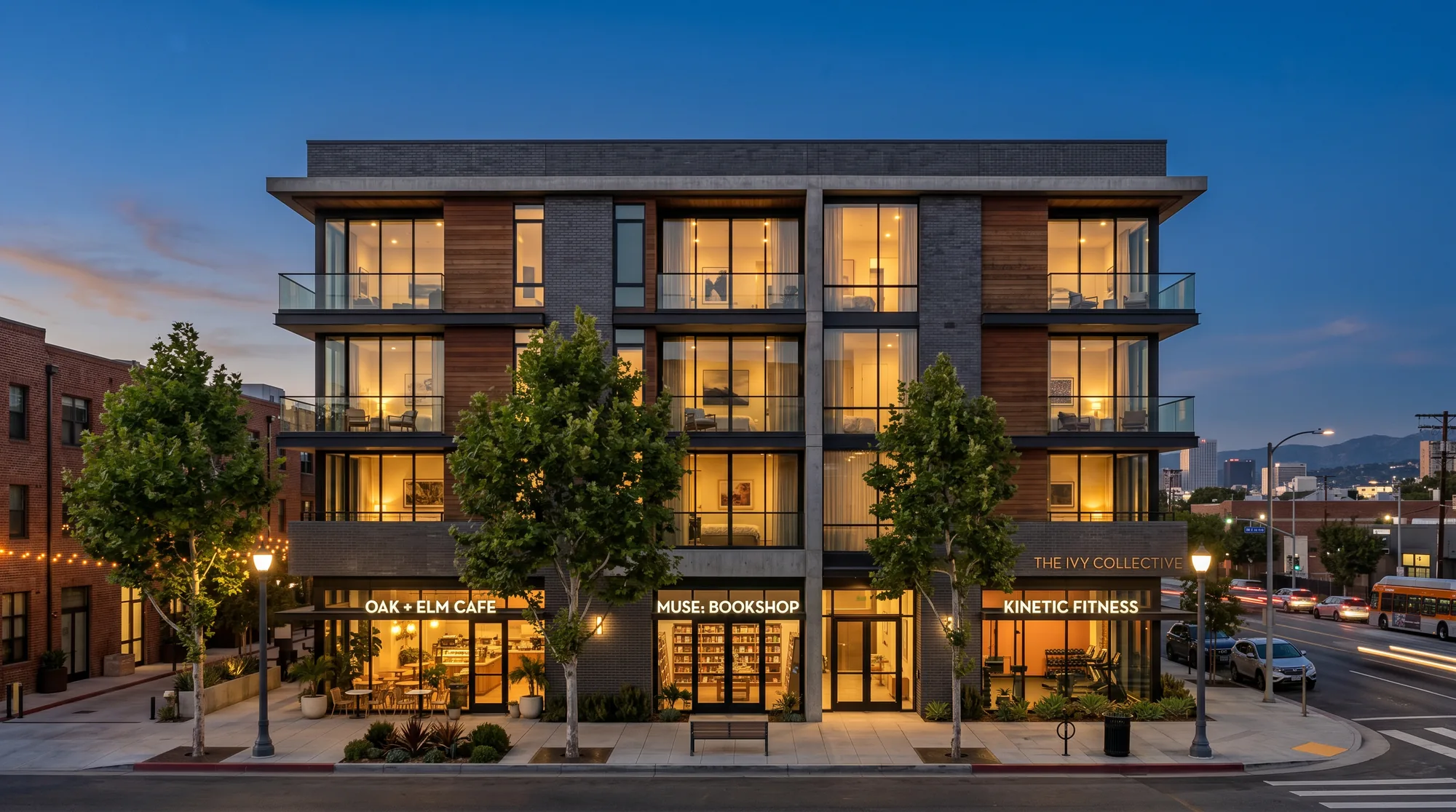 A four-story mixed-use building in Los Angeles at dusk with warm lit interiors, ground-floor retail, and mature street trees.