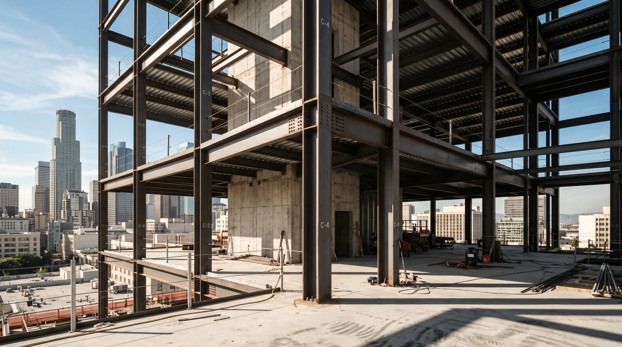 Exposed steel moment frame and concrete shear walls of a building under construction in downtown Los Angeles, with column grid labels visible.