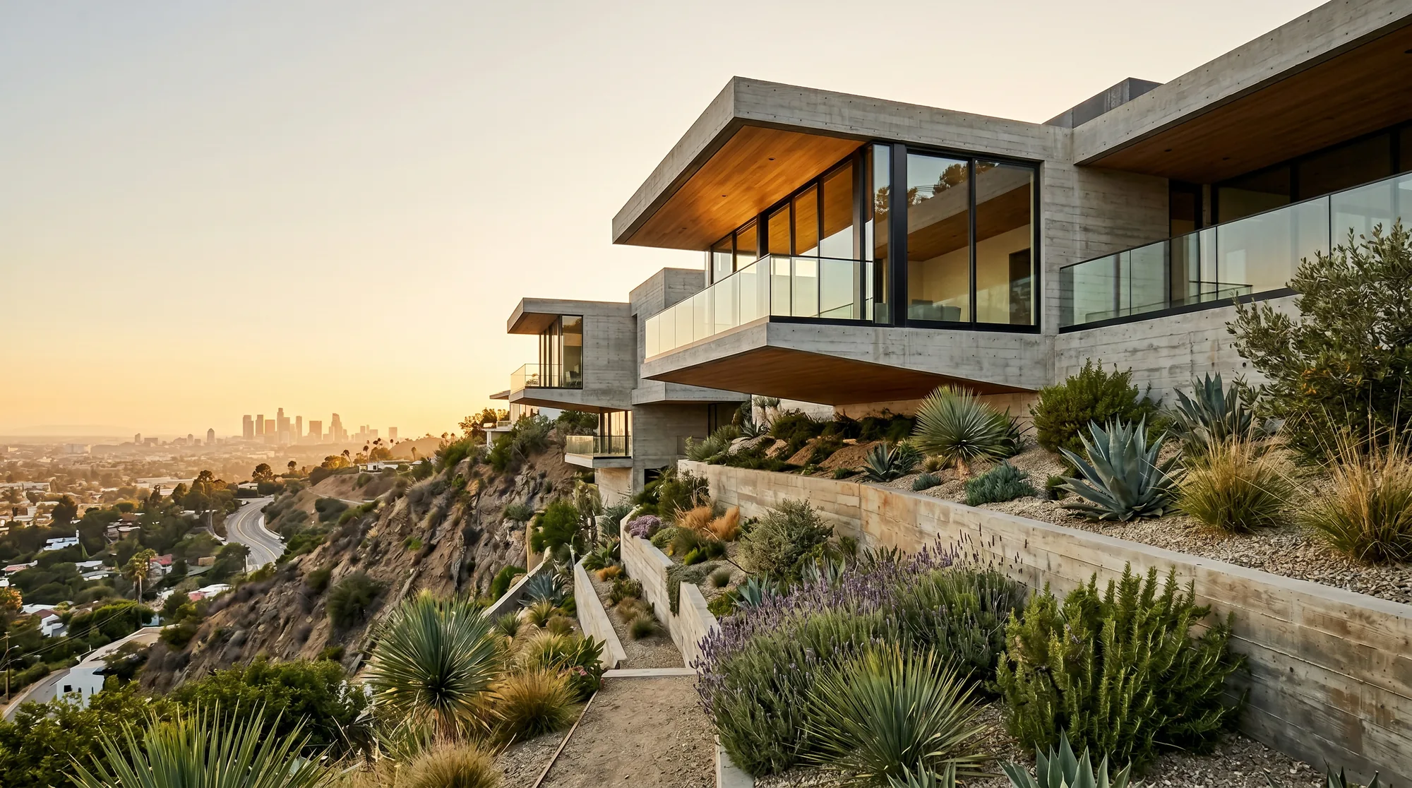 A modern concrete and glass hillside residence above the Los Angeles basin at golden hour, cantilevered volumes stepping down a steep slope.