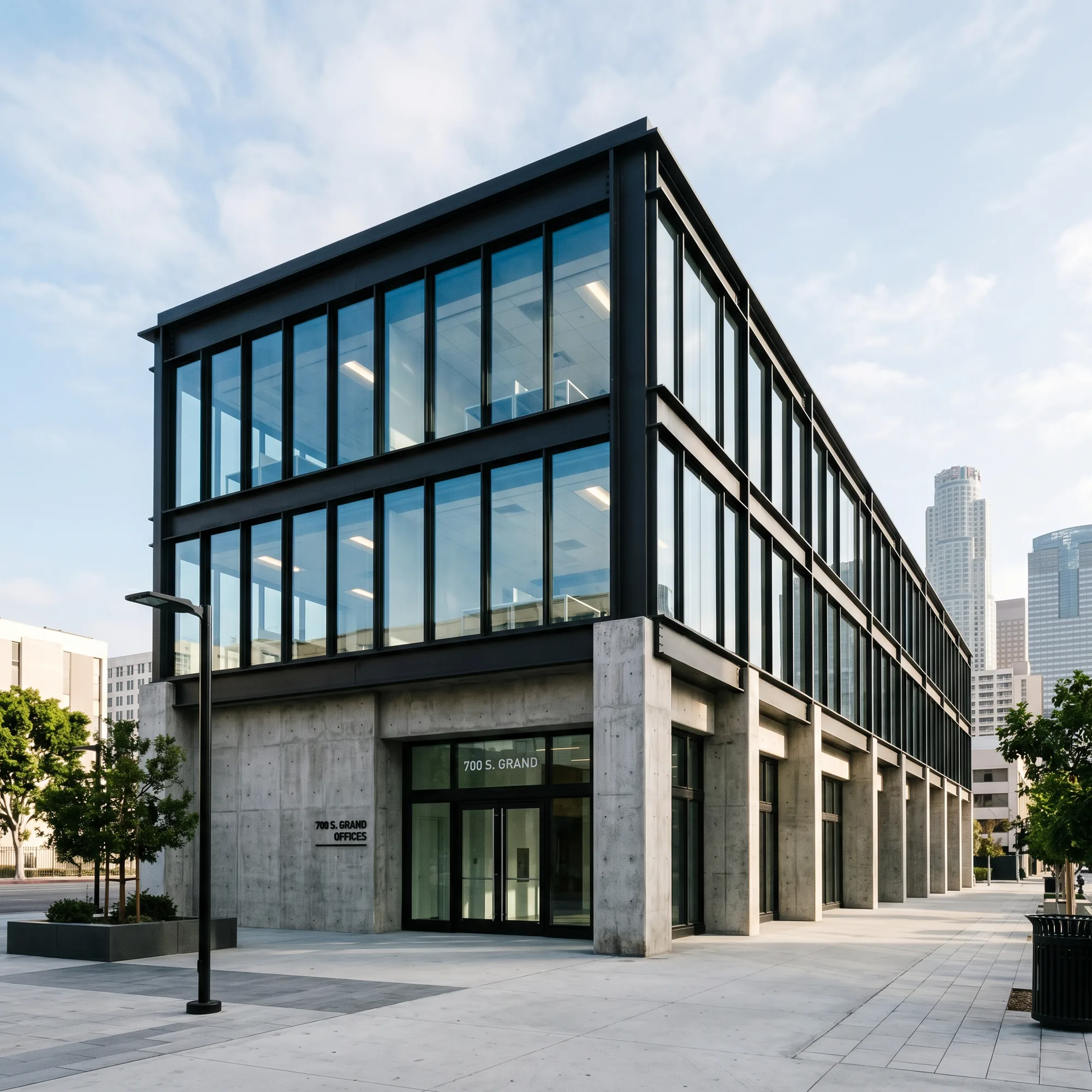 Modern three-story steel-and-glass office building in downtown Los Angeles with a concrete base.