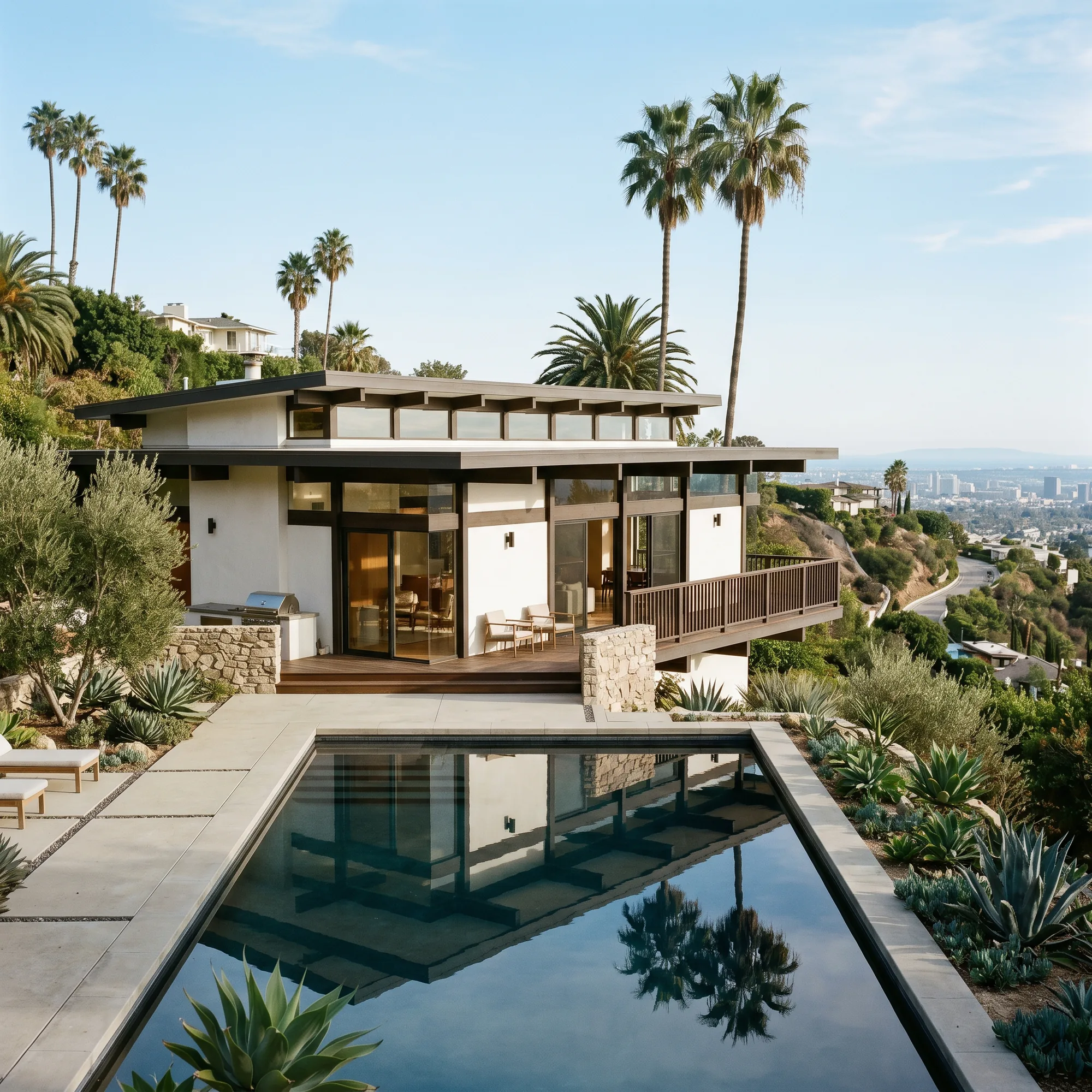 Mid-century modern custom residence in the Hollywood Hills with palm trees and reflecting pool.