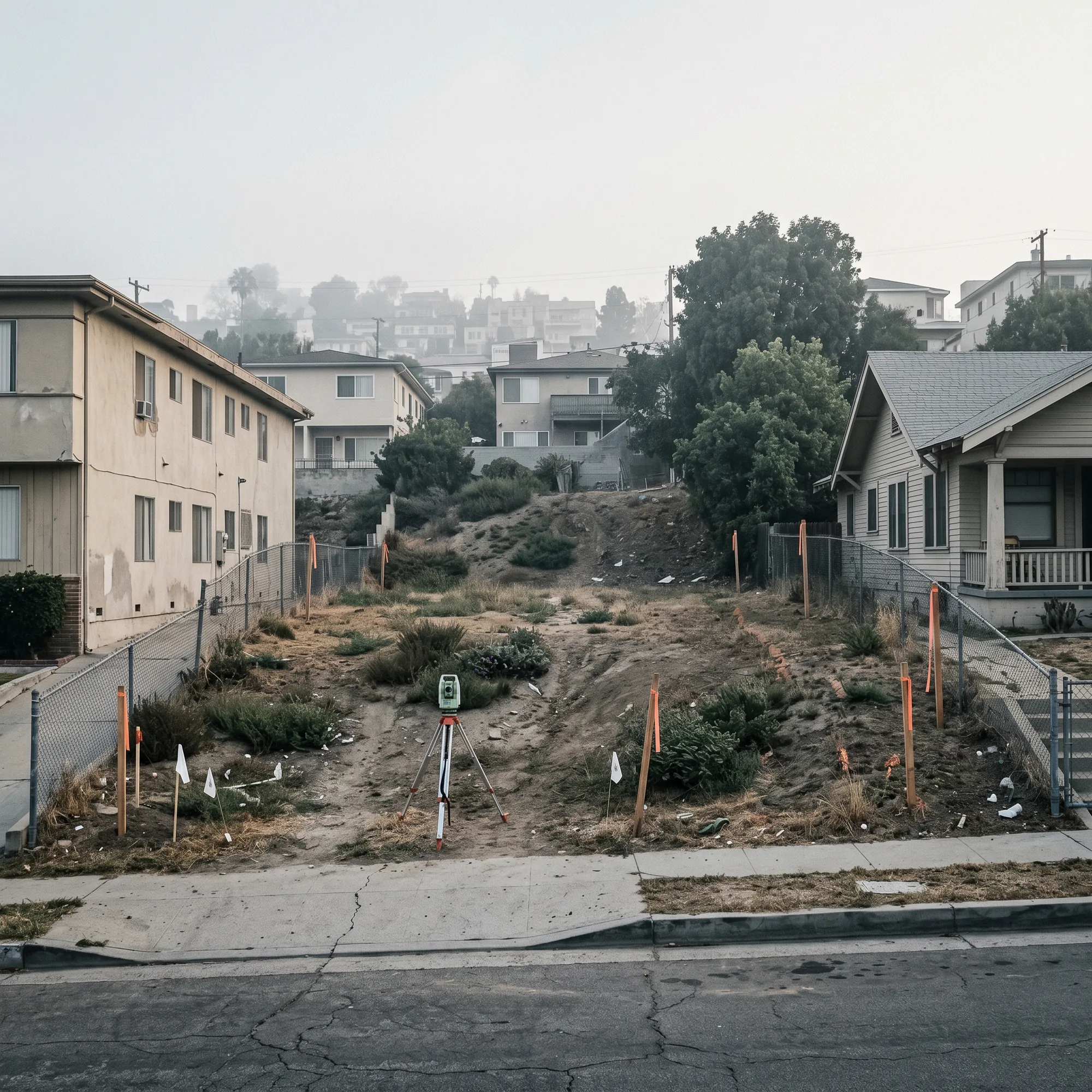 Vacant Los Angeles hillside lot with survey stakes marking property corners, older neighboring structures in the background.