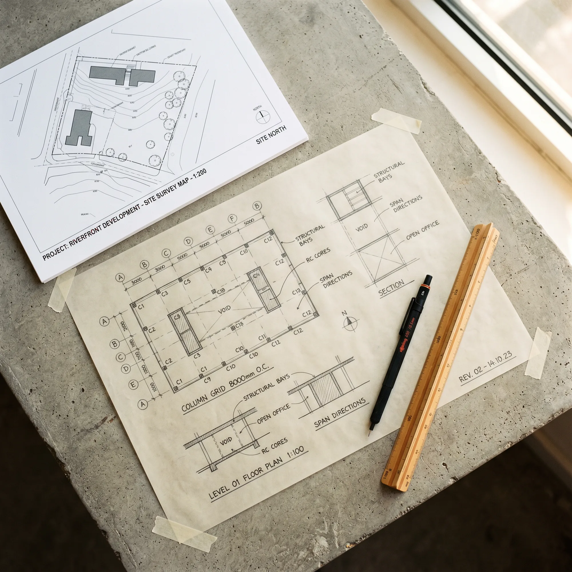 Overhead view of hand-drawn structural concept sketches, trace paper, scale ruler, and a site survey map on a concrete desk surface.