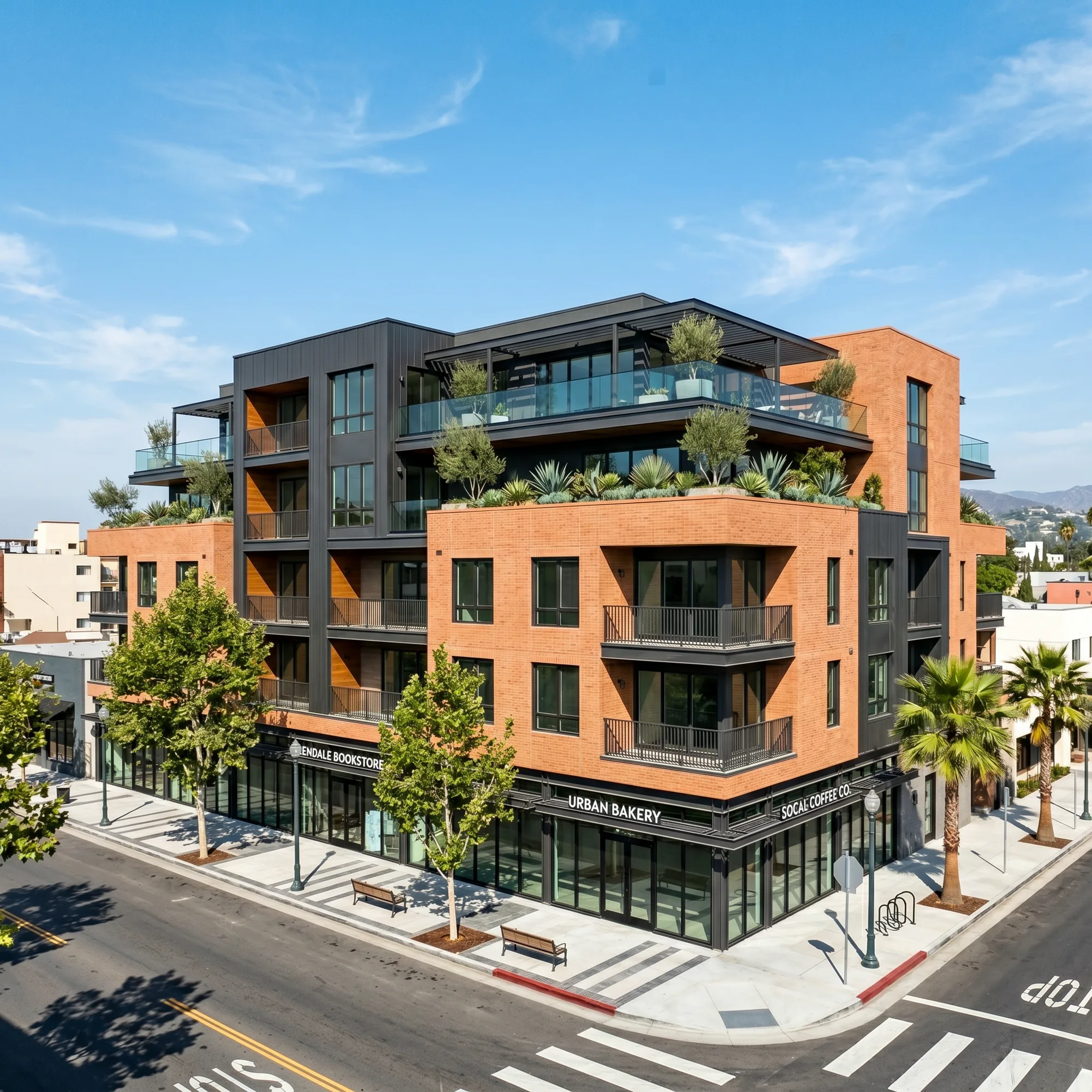 Four-story mixed-use building with brick base and dark steel upper floors in Glendale.