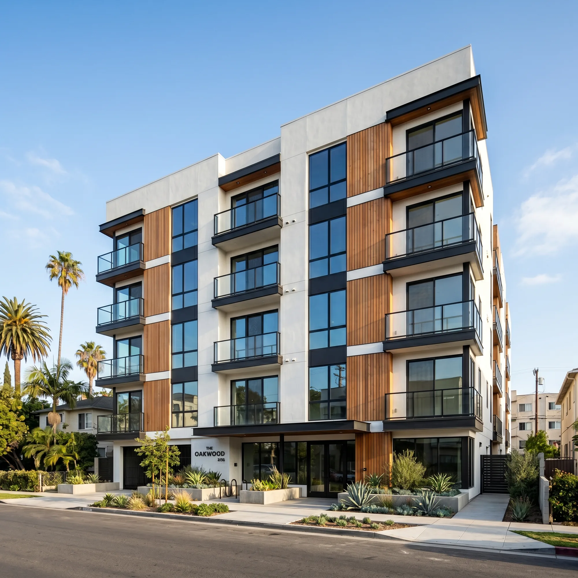Five-story contemporary multi-family building with white stucco, wood accents, and black windows.