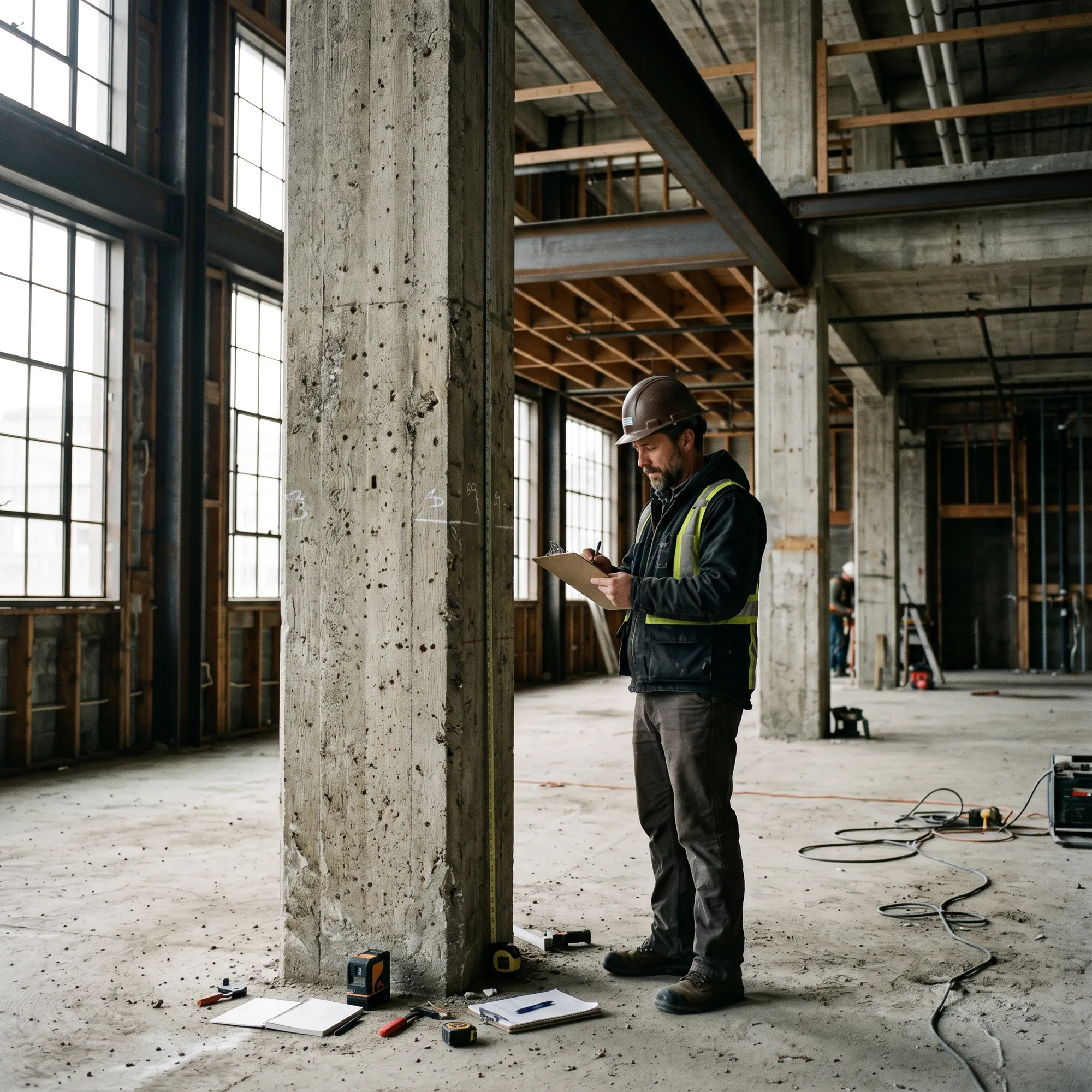Engineer in a hard hat and high-visibility vest recording notes beside an existing concrete column inside an older building under evaluation.