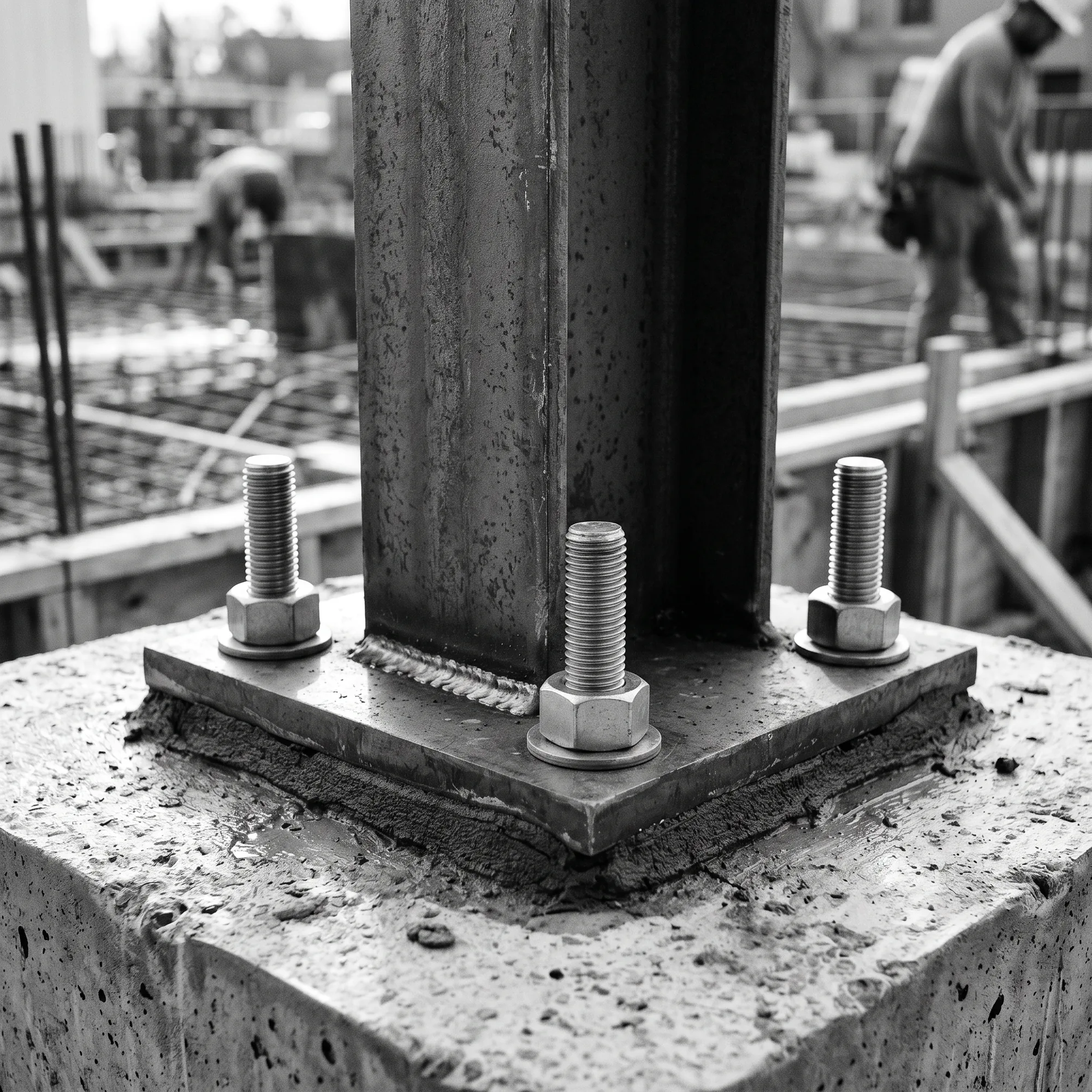 Close-up of a newly installed structural steel column base with anchor bolts and grout pad at a seismic retrofit site.
