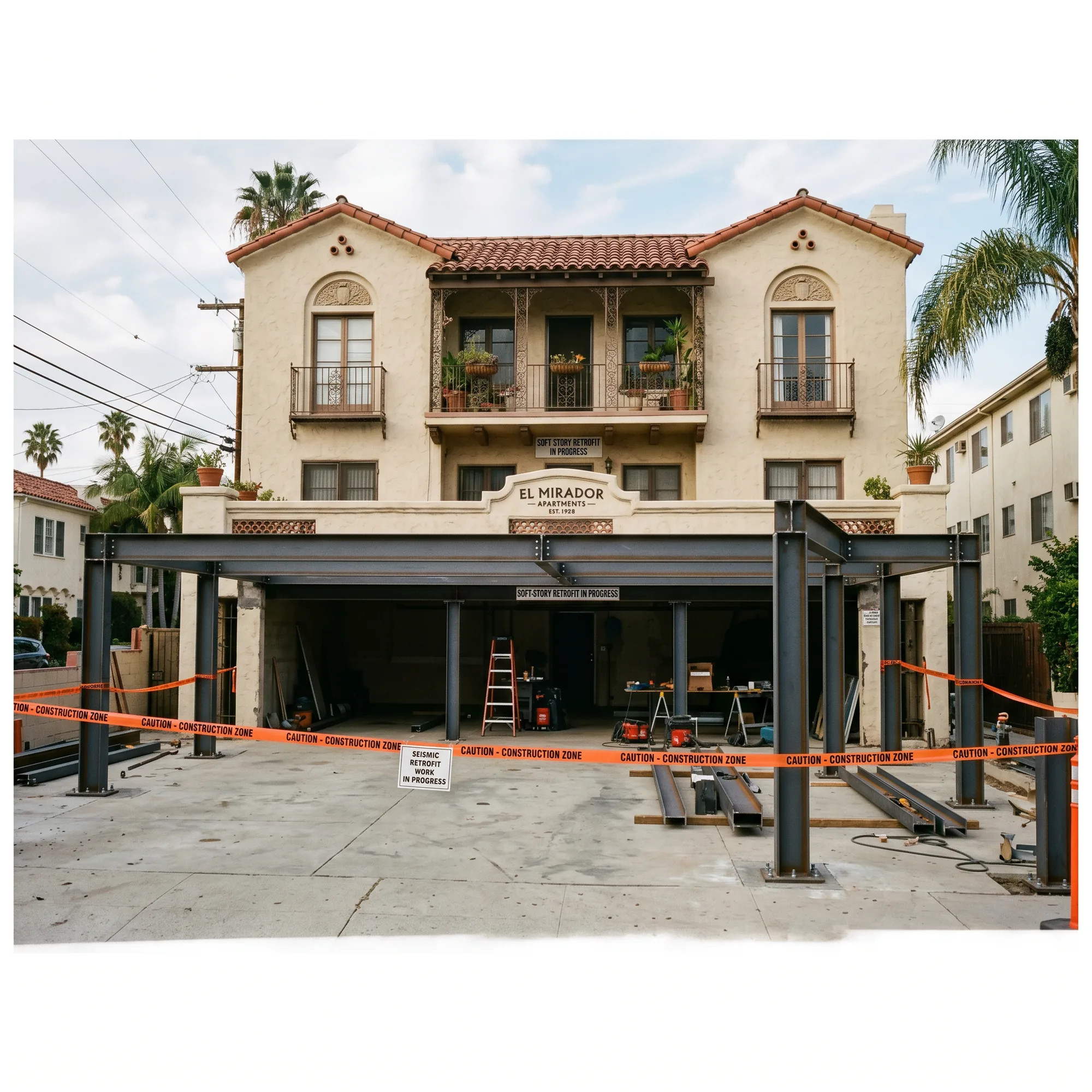 Spanish-revival apartment building with new steel moment frames installed at its soft-story ground floor.