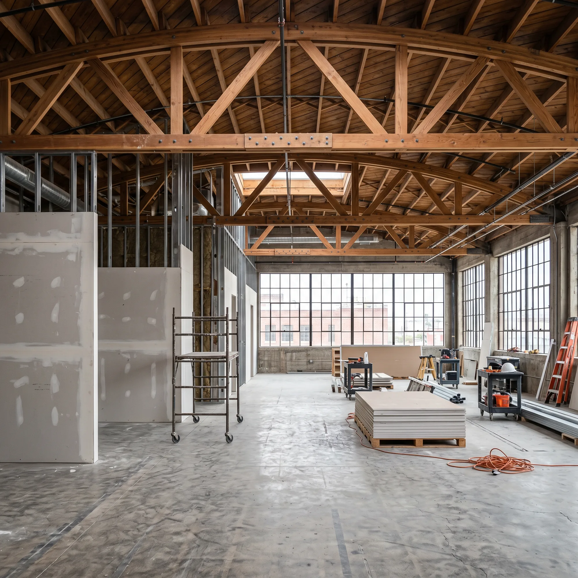 Interior of an Arts District warehouse tenant improvement in progress with exposed bow-string timber trusses.