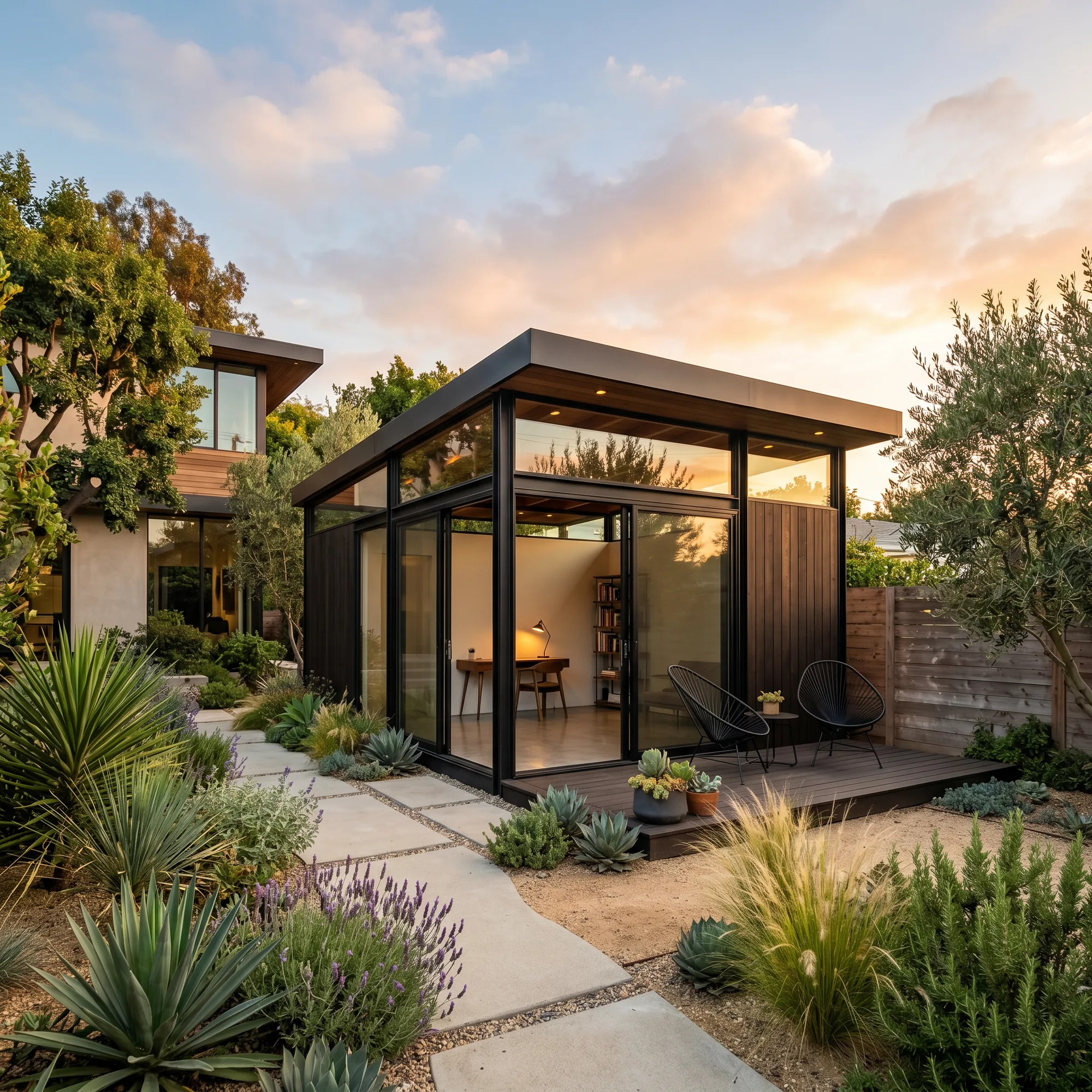Small modern black-framed glass-and-wood ADU studio behind a main house.