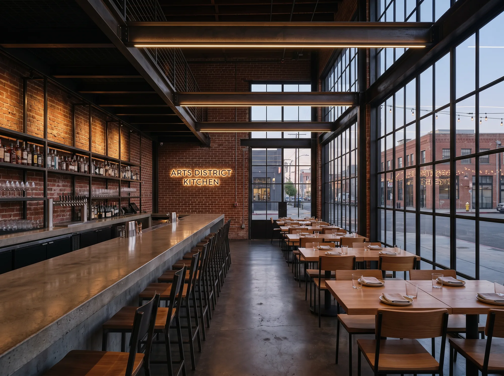 Industrial restaurant interior with brick walls, concrete bar, and steel-framed windows.