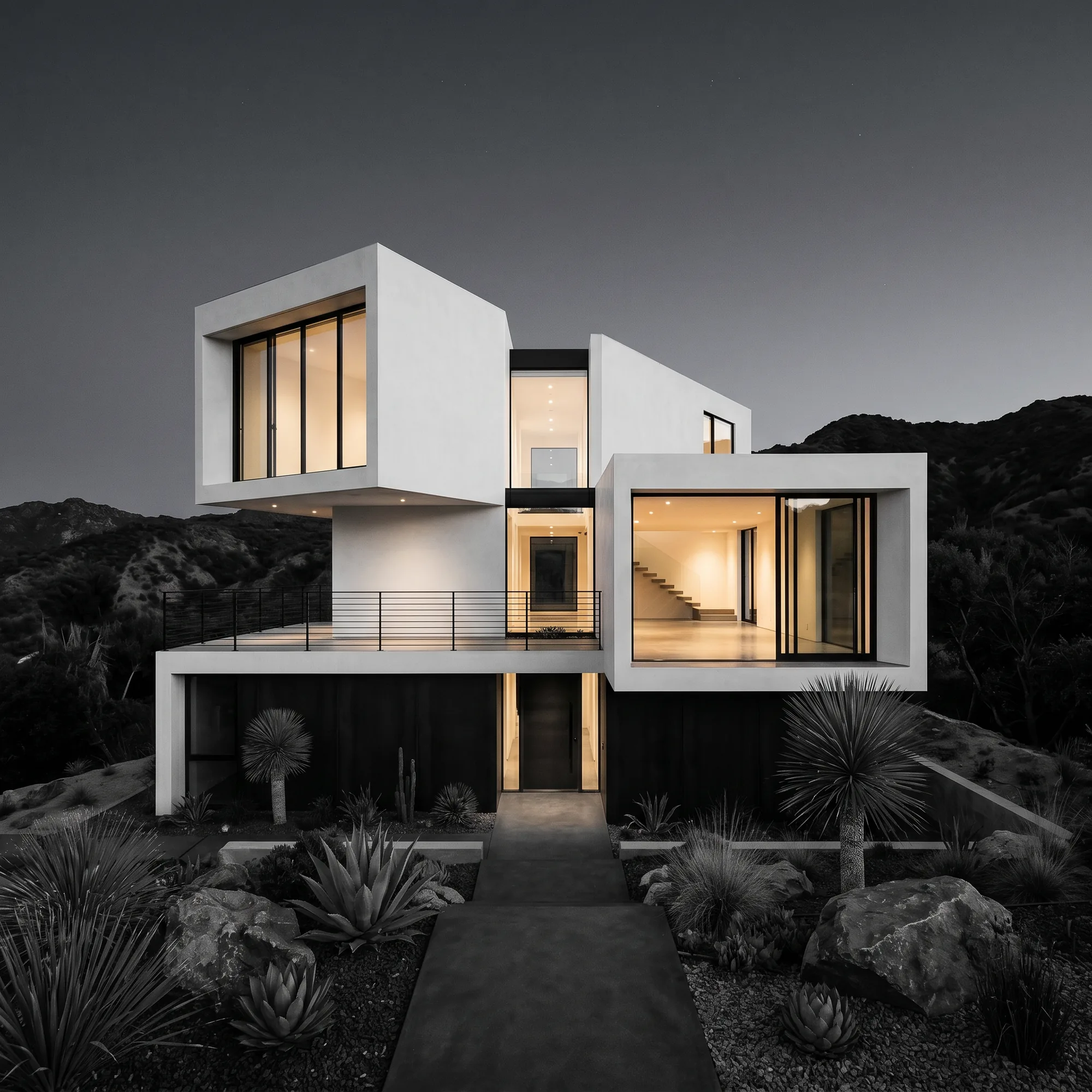 Modern white cantilevered residence glowing at twilight in a hillside setting.